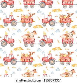 Watercolor seamless pattern with cute cartoon animals in red tractor on a white background