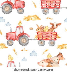 Watercolor seamless pattern with cute cartoon animals in a red tractor