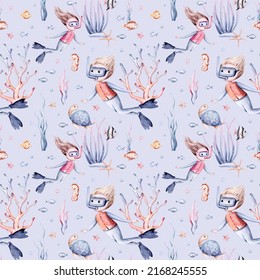 Watercolor seamless pattern with cute cartoon snorkeling, scuba diver kids boy girl submarine, mermaid, corals, seahorse fish and dolphin. nursery design fabric.
