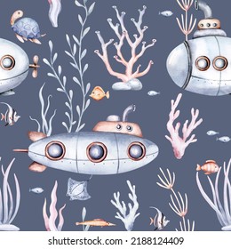 Watercolor seamless pattern with cute cartoon kids submarine. Texture for wallpaper, print, packaging, invitations, packaging, cover design, travel, fabric, kids design.