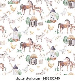 Watercolor Seamless Pattern With Cute Farm Animals With Goat, Horse, Goose And Cow. Chicken And Pig Domestic Animal Illustration.