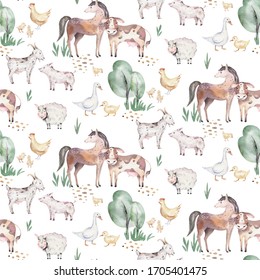 Watercolor Seamless Pattern With Cute Farm Animals With Goat, Horse, Goose And Cow. Chicken And Pig Domestic Animal Illustration.