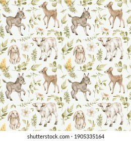 Watercolor seamless pattern with cute farm animals, leaves, flowers. Baby cow, deer, rabbit, donkey, eucalyptus, branch. Domestic animals and nature. 