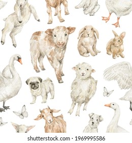 Watercolor seamless pattern with cute farm animals and birds. Adorable cow, calf, rabbit, swan, dog, pug, schnauzer, lamb. White rural pets