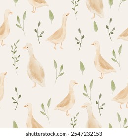 Watercolor seamless pattern with cute geese and wildflowers. Hand-drawn kids pattern with white goose.