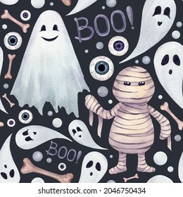 Watercolor Seamless Pattern With Cute Ghosts, Mummy, Bones And Eyes. Endless Texture On White Background Isolated. Happy Helloween!