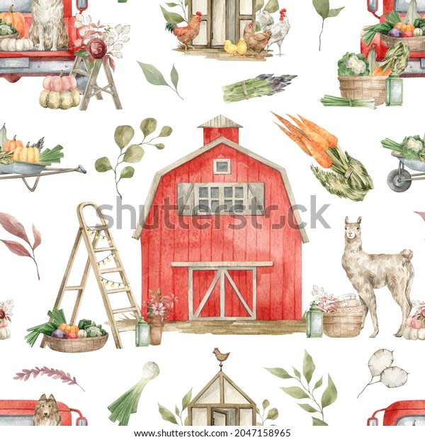 Watercolor\
seamless pattern with cute rural landscape. Red barn, car, farm\
animals. Llama, dog, vegetables in the basket. Pumpkins, ladder,\
chickens. Autumn harvest season. Farm\
living