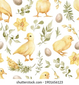 Watercolor seamless pattern with cute yellow chickens and ducklings, eggs, leaves, narcissus and mimosa flowers. Easter background with farm birds. Spring design for textile, poster, covers.