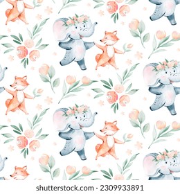 Watercolor seamless pattern with dancing elephant and fox forest animals on white background. Childish animal illustration. Happy birthday, celebration concept - Powered by Shutterstock