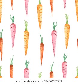 Watercolor seamless pattern with different carrots on a white background. A simple garden print with carrots of different types. Background for cookbooks and wallpapers, kitchen textiles, scrapbooking