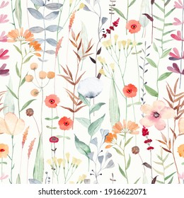 Watercolor Seamless Pattern With Different Wild Flowers. Cute Background For Fabric, Textile, Nursery Wallpaper. Meadow With Flowers.