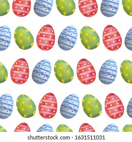 Watercolor seamless pattern with Easter eggs on white background. Colorful eggs for the Easter holiday. 