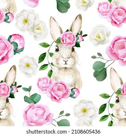 
watercolor seamless pattern for easter holiday  cute easter bunny and rose  peony flowers white background  white   pink flowers  vintage