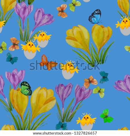 Watercolor seamless pattern with Easter illustration. Spring flowers, flying butterflies. Hand drawing. Surface design.