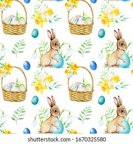 Watercolor Seamless Pattern. Easter Rabbit And Basket With Flowers And Eggs. 
Hand Drawn Illustration For Gift Wrapping, Textile, Print For Any 
Printing Products