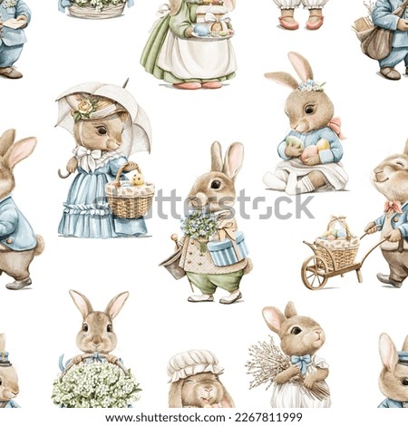 Watercolor seamless pattern with Easter rabbits bunny in vintage clothes isolated on white background. Watercolor hand drawn illustration sketch
