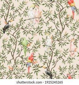 Watercolor Seamless Pattern With Eden Trees And Colorful Parrots. Tropical Jungle And Birds. Ara, Toucan, Cockatoo, In Blossom Tree. Vintage Background In Victorian Style. Boho Paradise Jungle 