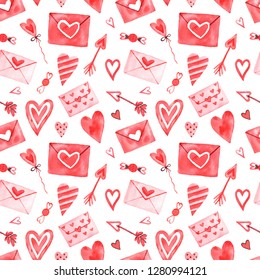 Watercolor seamless pattern with elements for Valentine's Day on a white background.Hearts, sweets, balls, gifts and other cute items.