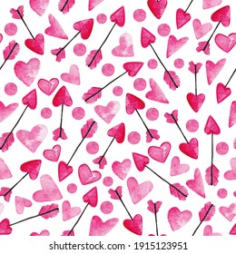 Watercolor seamless pattern and elements for Valentine's Day white background 