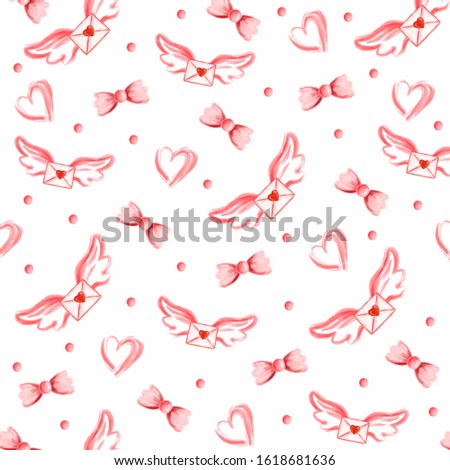 Watercolor seamless pattern with elements for Valentine's Day on a white background.Hearts, sweets, balls, gifts and other cute items, letter. Ideal for printing onto fabric or gift paper, wallpaper.