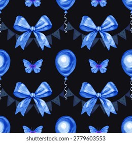 Watercolor seamless pattern featuring delicate blue silk ribbons and elegant bows. A graceful hand drawn decorative background perfect for baby shower gift wrap, boy's birthday textiles, and boyish