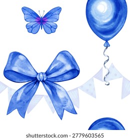 Watercolor seamless pattern featuring delicate blue silk ribbons and elegant bows. A graceful hand drawn decorative background perfect for baby shower gift wrap, boy's birthday textiles, and boyish