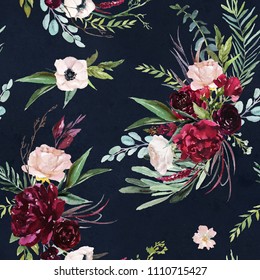 Watercolor seamless pattern. Floral illustration - burgundy, pink, blush flowers bouquets on navy background. Wedding stationary, greetings, wallpapers, fashion, background.