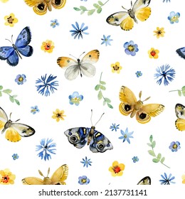 Watercolor seamless pattern with flowers and butterflies. Ukrainian hand painted pattern for design, fabric, wrapping paper or print. Support and peace for Ukraine. - Powered by Shutterstock