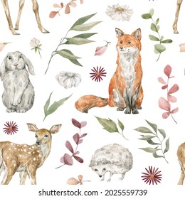 Watercolor Seamless Pattern With Forest Animals And Plants. Cute Rabbits, Fox, Deer, Hedgehog, Flowers And Leaves. Wildlife Creatures. Woodland Background 