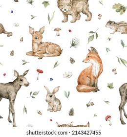 Watercolor Seamless Pattern With Forest Animals And Natural Elements. Deer, Fox, Moose, Rabbit, Lynx, Plant, Leaf, Flowers. Woodland Creatures In The Wild. Illustration For Nursery, Wallpaper