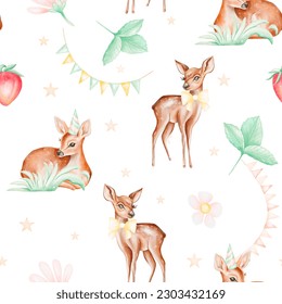 Watercolor seamless pattern with forest animals and natural elements. Baby deer, strawberry, plant, leaf, flowers. Woodland creatures in the wild. Illustration for nursery, wallpaper, happy birthday - Powered by Shutterstock