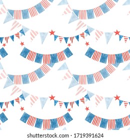 Watercolor Seamless Pattern Fourth Of July With Flags