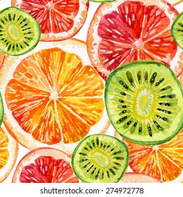 Watercolor Seamless Pattern With Fresh Orange, Grapefruit And Kiwifruit. Hand Painted Illustration