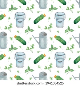 Watercolor Seamless Pattern. Gardening. Decoupage Paper Cucumbers And Garden Tools, Garden Watering Can.