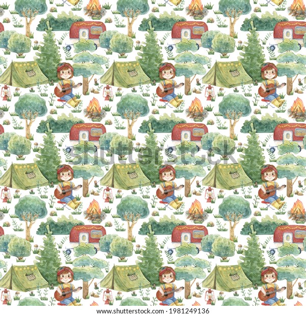 Watercolor seamless pattern with a girl in a\
forest camping. Hand-drawn background. The red-haired girl is\
sitting by the fire and playing the guitar. Texture for textiles,\
decoration,\
fabrics.