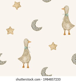 Watercolor seamless pattern with goose, striped moon and stars.Hand drawn clipart. Perfect for card, tags, invitation, printing, wrapping, children's textile. 
