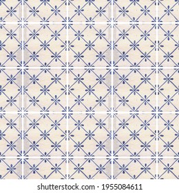 Watercolor seamless pattern with Greek tile ornament. Azulejos Portugal, Moroccan blue mosaic. 