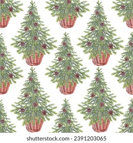 Watercolor seamless pattern with green christmas tree with pine cone and basket on white background. Forest evergreen fir or pine. Hand-drawn art for new year celebration or wrapping and wallpaper. - Powered by Shutterstock