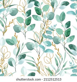 Watercolor Seamless Pattern. Green And Gold Eucalyptus Leaves On A White Background. Vintage Print With Golden Texture