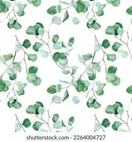 Watercolor seamless pattern of green leaves and branches of eucalyptus on a white background for creating business cards, wallpapers, postcards, wedding invitations, romantic appointments. - Powered by Shutterstock