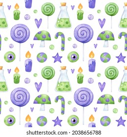 Watercolor Seamless Pattern With Green And Purple Halloween Treats. Cute Illustrated Repeated Digital Paper For Party Decoration, Scrapbooking, Wall Paper, Fabric Design