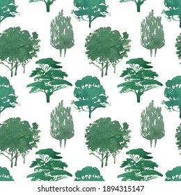 Watercolor Seamless Pattern. Green Trees On A White Background. Mixed Forest Deciduous And Coniferous Trees