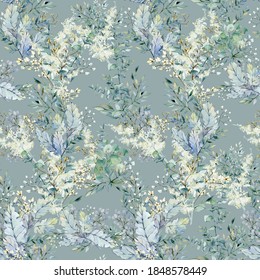 Watercolor seamless pattern greenery branches and leaves. Winter navy blue floral background for wrapping paper, textile fabric, background. - Powered by Shutterstock