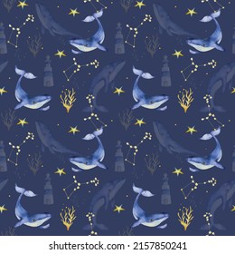 Watercolor seamless pattern. Hand drawn watercolor magic whales. Golden constellation whale. Lighthouses, corals and starfish. Volumetric multi-layered endless print on a dark blue background