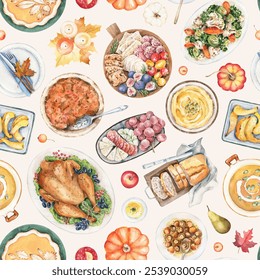 Watercolor seamless pattern with hand drawn illustrations of Thanksgiving dinner, roasted turkey, pumpkin pie, traditional dishes. Holiday food, celebration table - Powered by Shutterstock