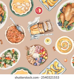 Watercolor seamless pattern with hand drawn illustrations of Thanksgiving dinner, roasted turkey, pumpkin pie, traditional dishes. Holiday food, celebration table - Powered by Shutterstock