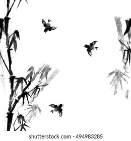 Watercolor seamless pattern with hand painted bamboo and flying sparrows. Black plants and birds on white background.