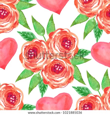 Watercolor Seamless Pattern Hearts Roses Print On Stock Illustration