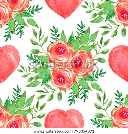 Watercolor Seamless Pattern Hearts Roses Print On Stock Illustration