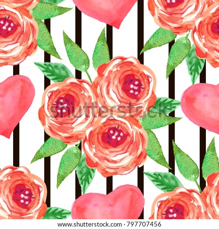 Watercolor Seamless Pattern Hearts Roses Print On Stock Illustration